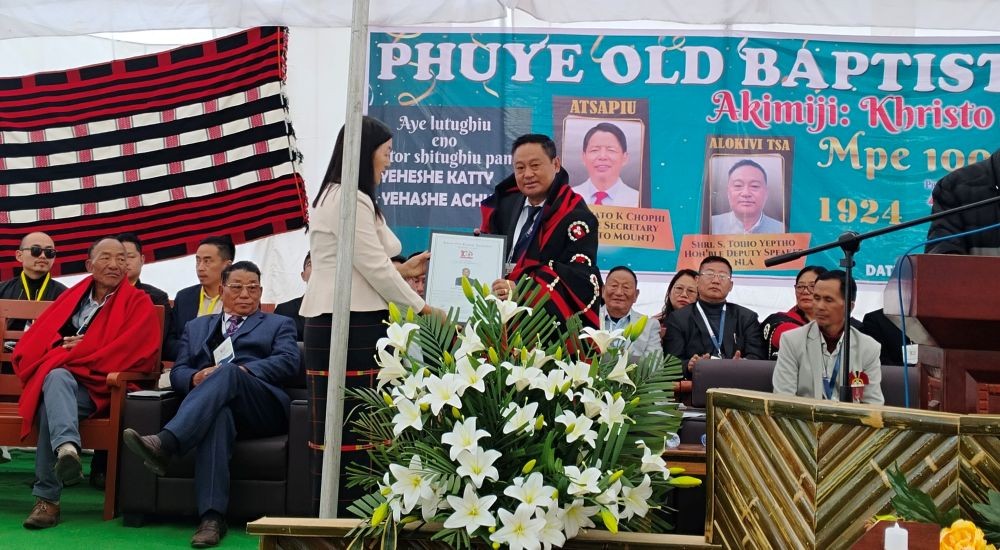 NLA Deputy Speaker Toiho Yeptho speaking at the 100 Years of Christianity Celebration in Phuye Old Village.